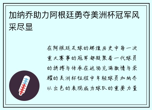 加纳乔助力阿根廷勇夺美洲杯冠军风采尽显